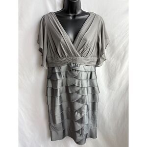 Adrianna Papell Silver Grey Metallic Cocktail Dress Surplice 12 Formal Tiered
